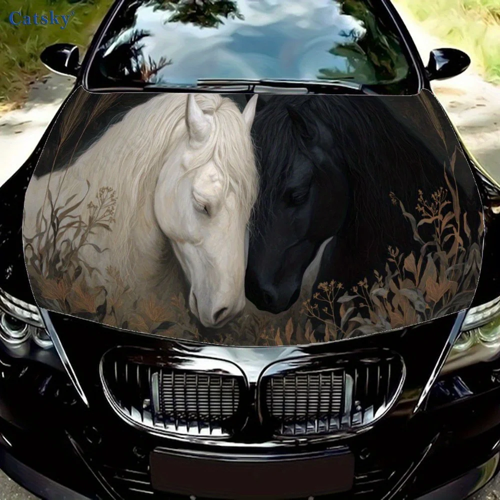 

Black and White Horse Nestled with Reeds Car Vinyl Wrap, PVC Waterproof Car Hood Sticker, Self-Adhesive Scratch-Resistant Sticke