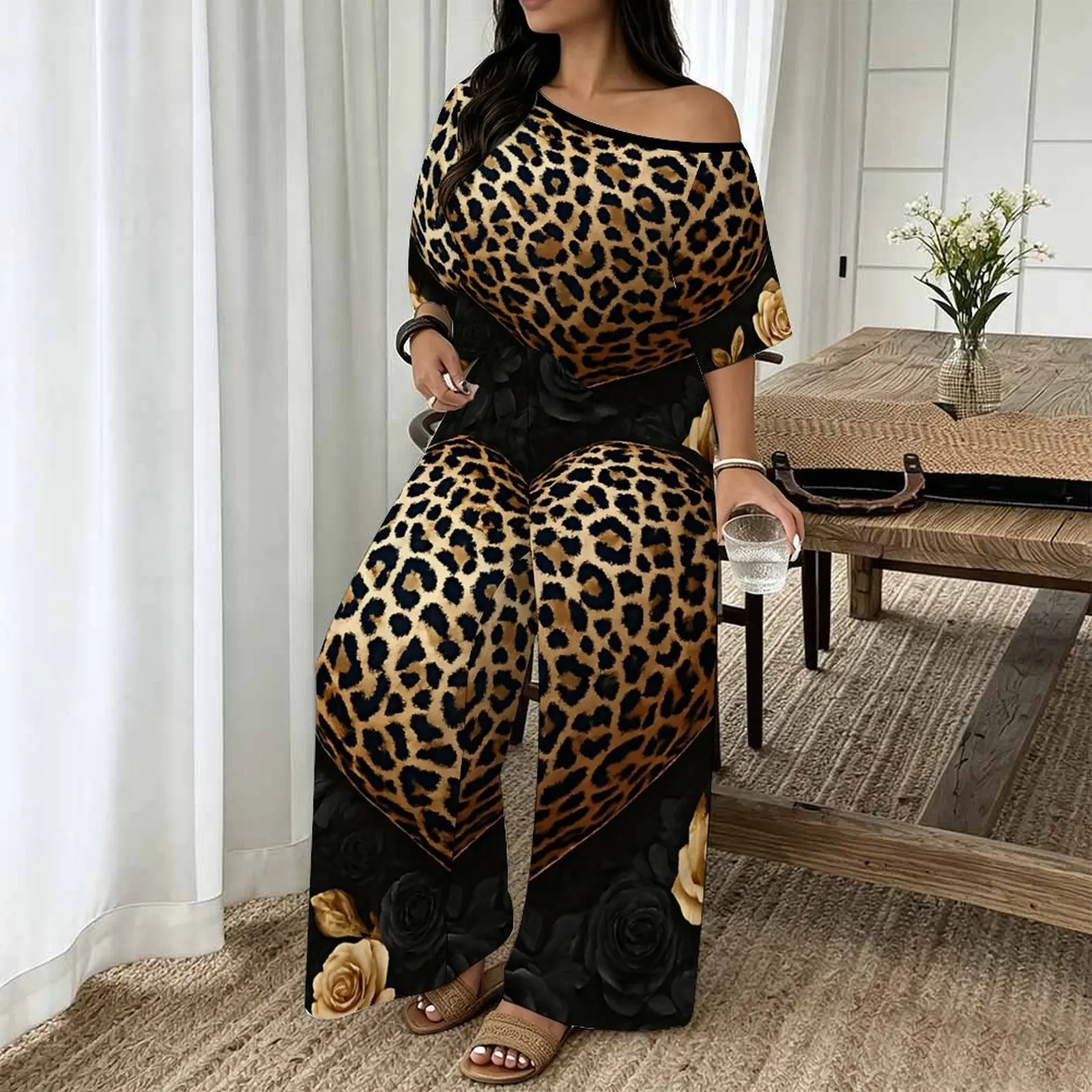 Plus Size Vintage Print Two Piece Set Ladies Casual Sloping Shoulders Short Sleeved Elegance Tops Everyday Street Sport Pants
