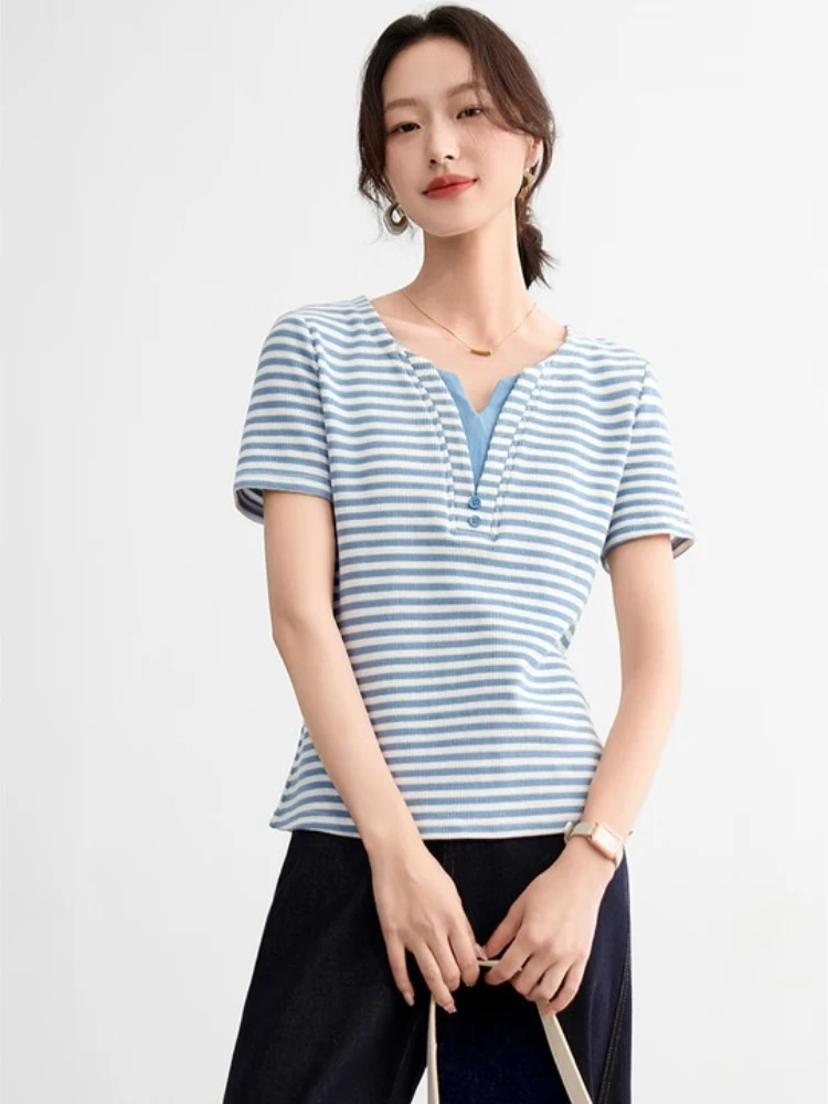 

SENTUBILA Cotton Woman Striped T-shirts Contrast Color V-neck Casual Tees 2025 Summer Button Ladies Short Sleeve Tops Q52TD1767