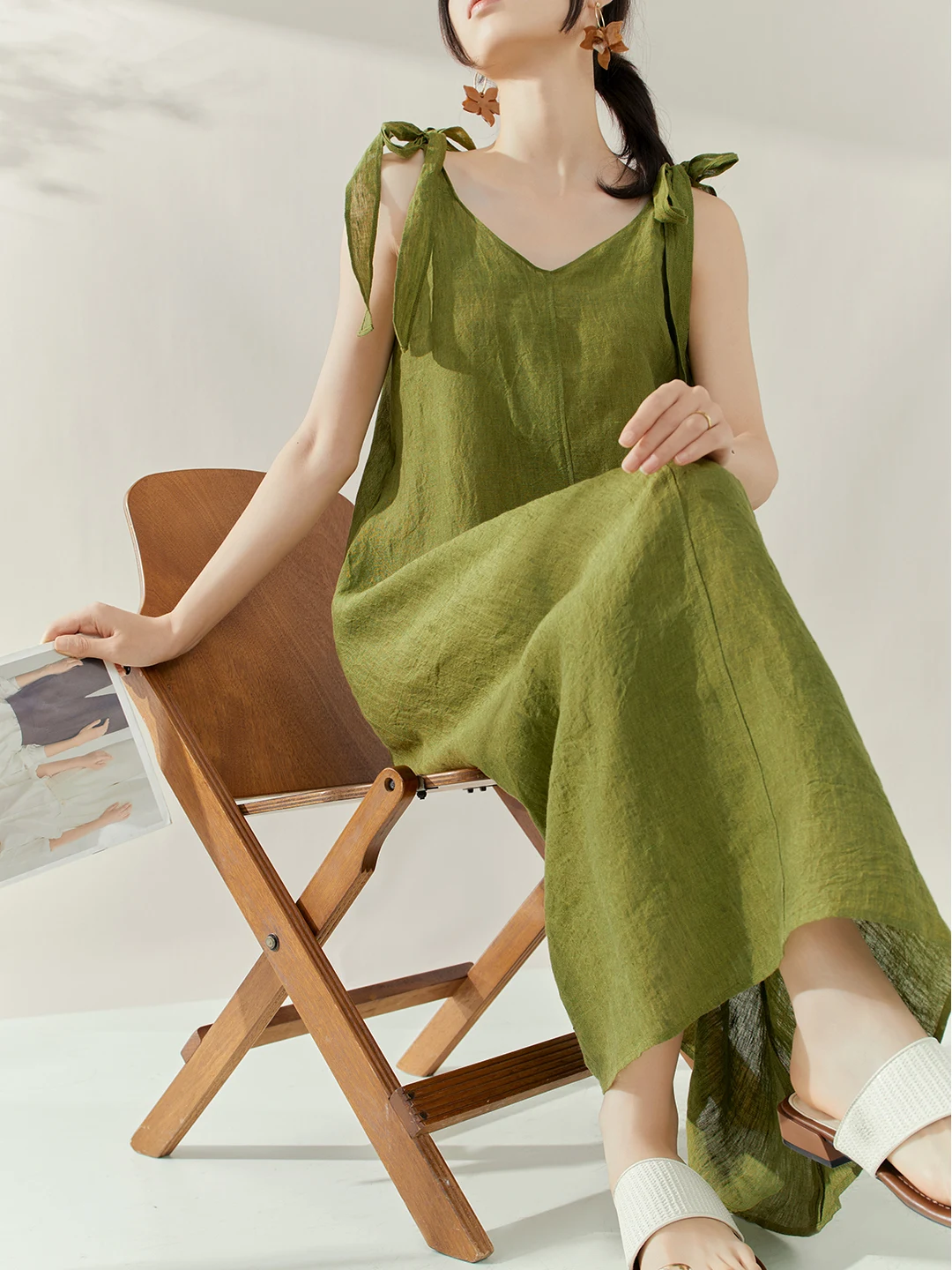 Eleganckie francuskie sukienki letnie w stylu casual na wakacje, sznurowane, z kokardą, na ramiączkach, z dekoltem w serek, z wysoką talią, luźne, w kształcie litery A, bez pleców, zielona długa sukienka damska.