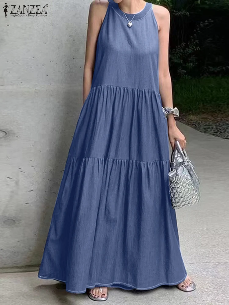 

ZANZEA Fashion Summer Denim Blue Holiday Dress Elegant Solid Ruffles Maxi Dresses Sarafans Women Halter Neck Sleeveless Sundress