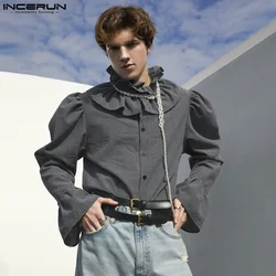 Men's Plaid Shirt Turtleneck Flare Long Sleeve Ruffle Loose Men Clothing Streetwear 2024 Fashion Casual Camisas S-5XL INCERUN