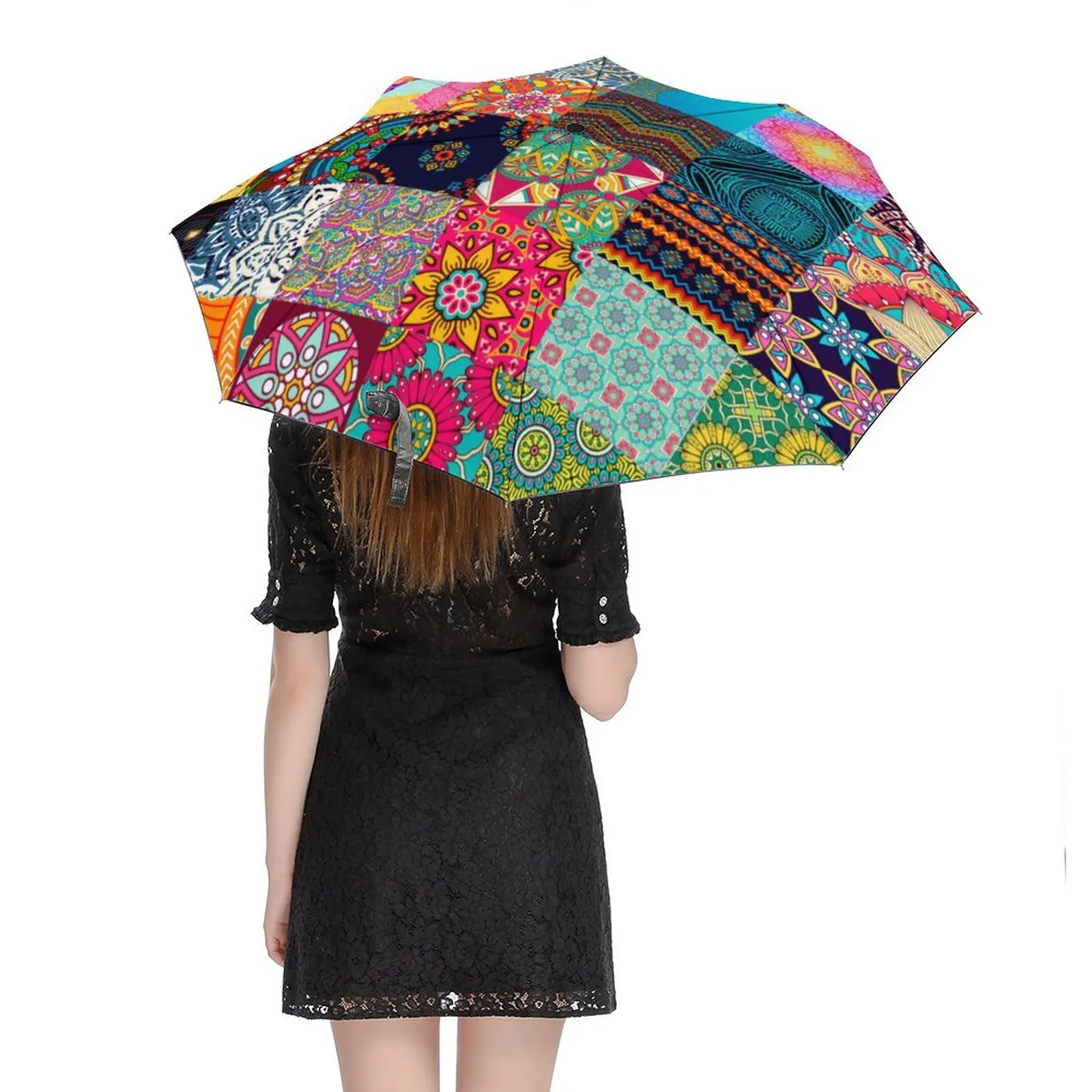 Parasol z afrykańskim nadrukiem Patchwork Kolorowy automatyczny parasol wiatroodporny Estetyczny design Kompaktowy parasol zewnętrzny