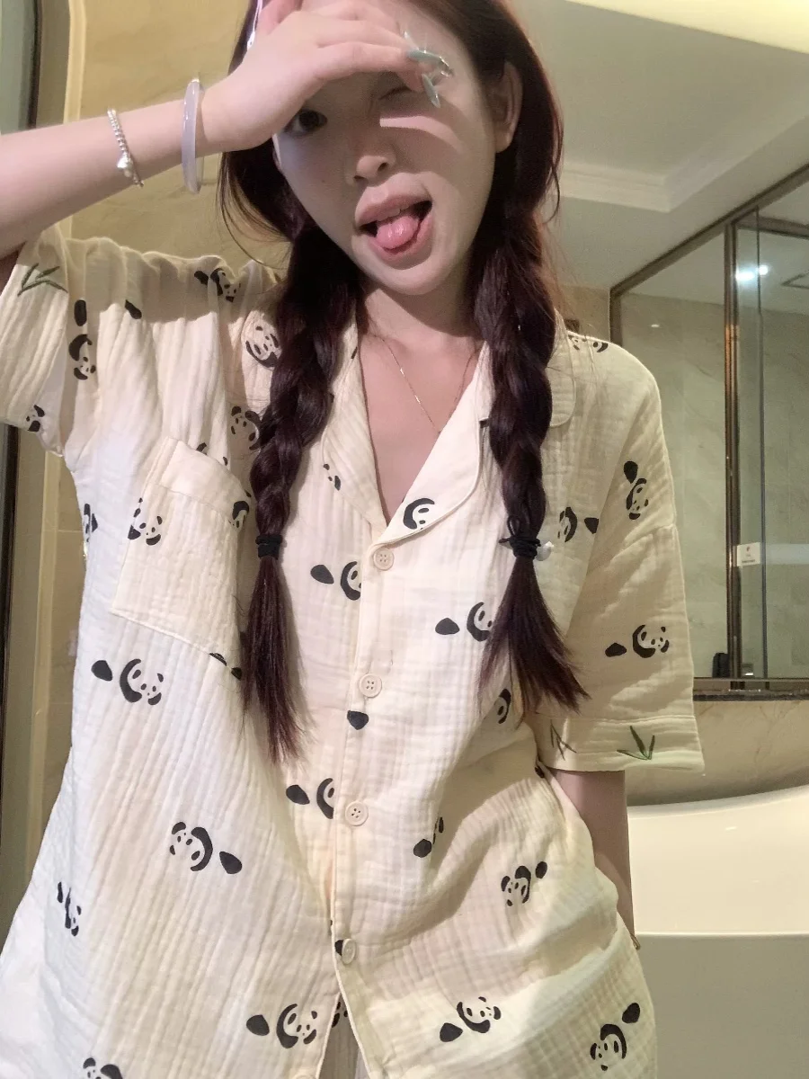 

Large Size Summer Panda Print Cotton Sleepwear Set Short Sleeve Two-Piece Home Clothes for Women Comfortable Breathable Night...