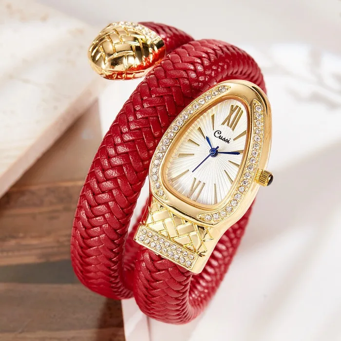 Snake Shape Women Quartz Watch, Rhinestone Inlaid Leather Strap Fashion Unique Ladies Wristwatch
