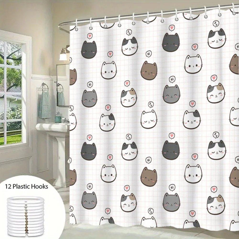 Cute Cartoon Cat Heads on Grid Background Shower Curtain  12 Hooks, Machine Washable, Kawaii Bathroom & Hotel Decor