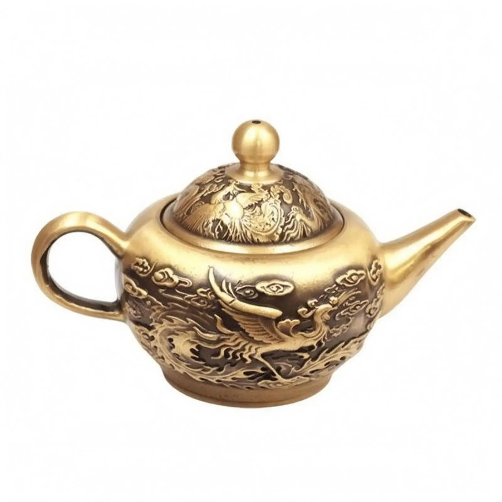 Antique Brass Teapot Curved Handle Dragon and Phoenix Pattern Teapot Pointed