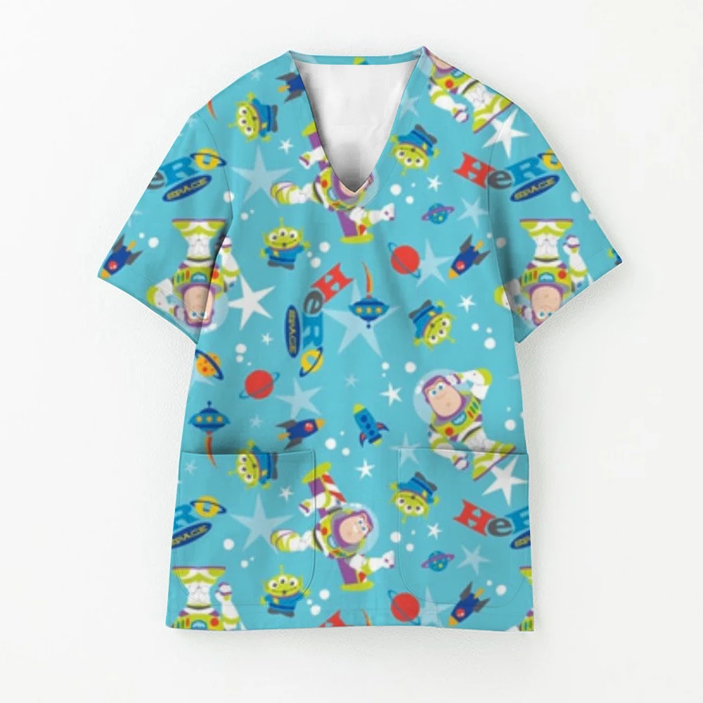 ديزني العلامة التجارية الكرتون طباعة الزي الطبي امرأة الموضة الخامس الرقبة جيب الرعاية الصحية فرك الترفيه طبيب الأسنان موحدة ممرضة امرأة #6