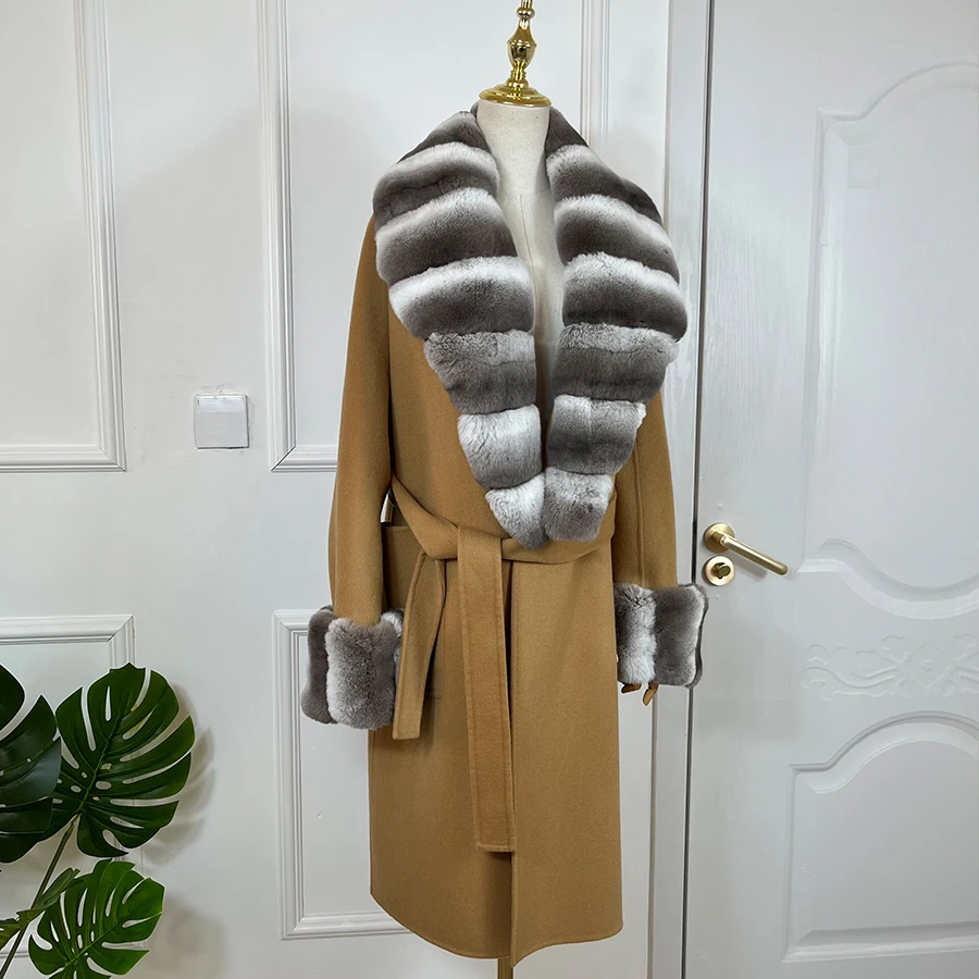 Women's Woolen Winter Coat With Real Rabbit fur Chinchilla Wool Cashmere Blends Oversize Loose Jacket Ladies Natural Fur Collar