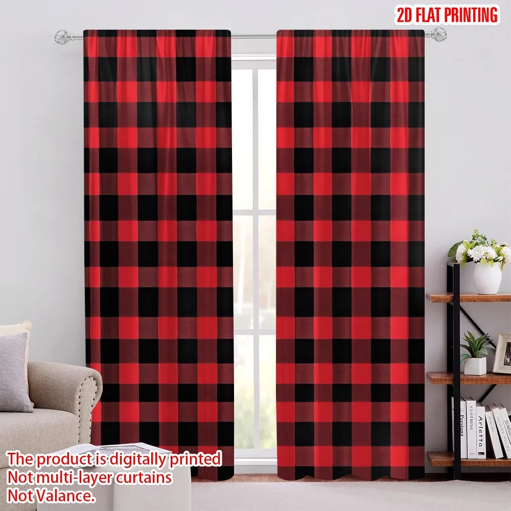 2D flat printing 2pcs Scene Curtains Fashion Buffalo Checks Pattern Retro Style Durable Polyester,Without Electricity Birthday