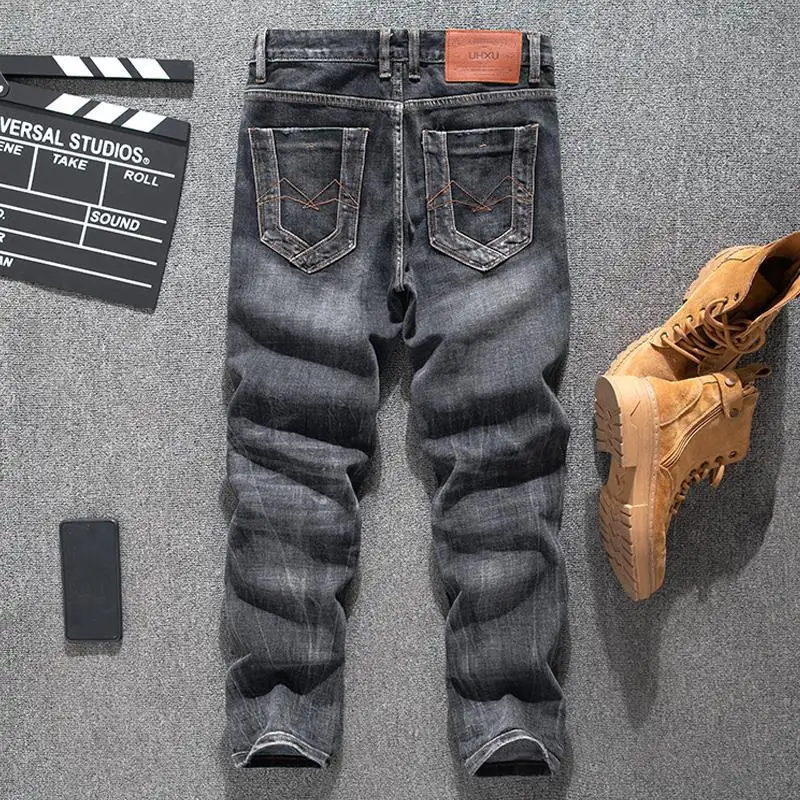 جينز عتيق لعام 2025 للرجال موضة الشارع بقصة ضيقة وأنبوب مستقيم سراويل جينز كلاسيكية متعثرة