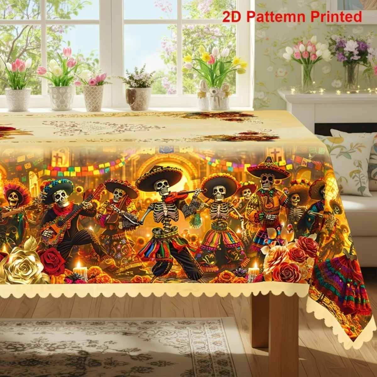 1pc Skeleton Party Tablecloth for Dia de los Muertos Festival, High-Resolution Printed Texture Designzyc