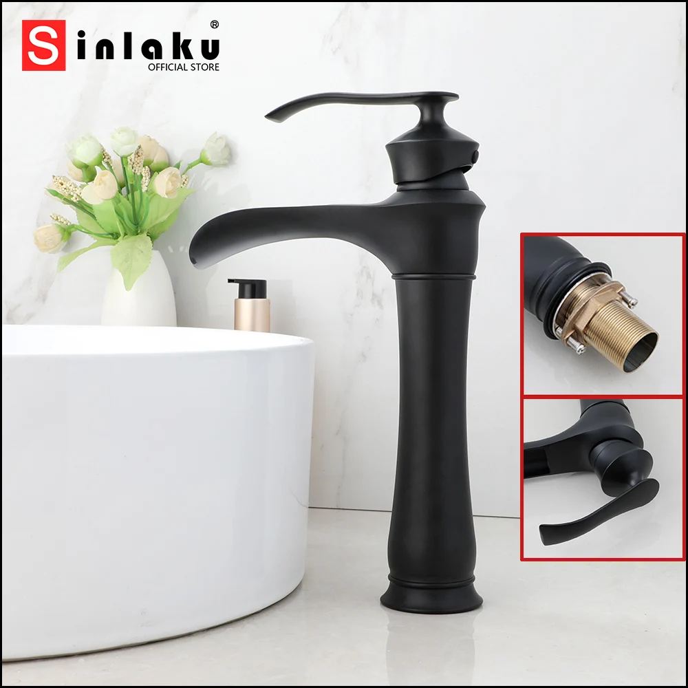 

SINLAKU Bathroom Faucet Basin Matte Black Taps Deck Mounted Single Hole Single Handle Control Waterfall Outlet Hot Cold Mixer