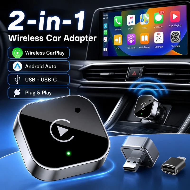 

2-in-1 Wireless CarPlay Android Auto Adapter USB USB-C Dongle Plug and Play Fast Auto Connect No Delay Compact for Car Screen