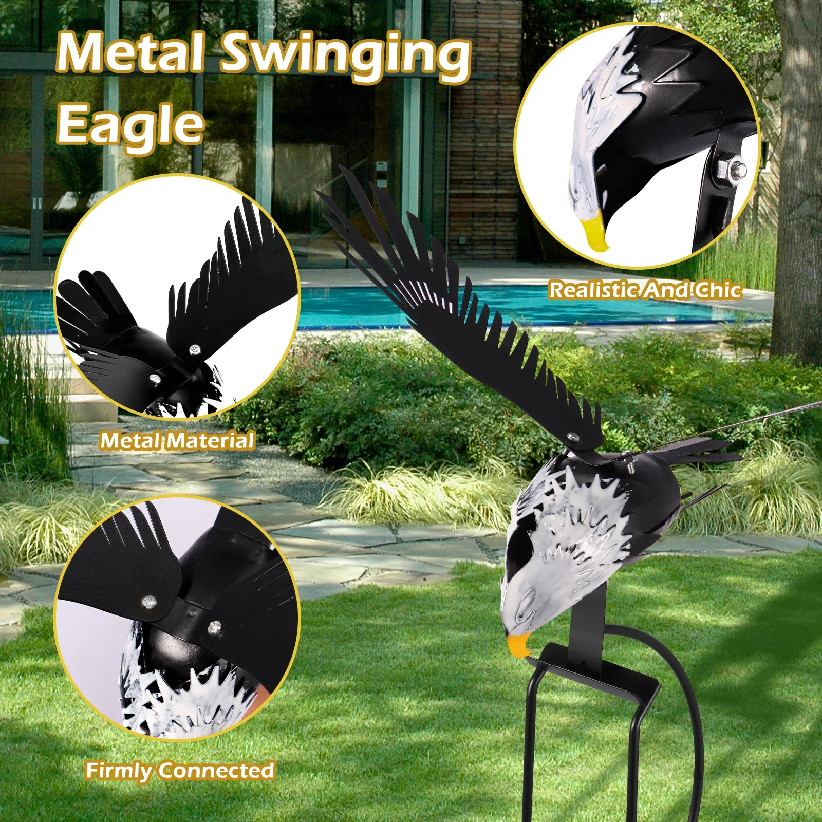 Eagle Wind Spinner Stake, Iron Wing Flapping, Lifelike Eagle, Estaca de jardim ao ar livre, Art Statue Decor, Novo