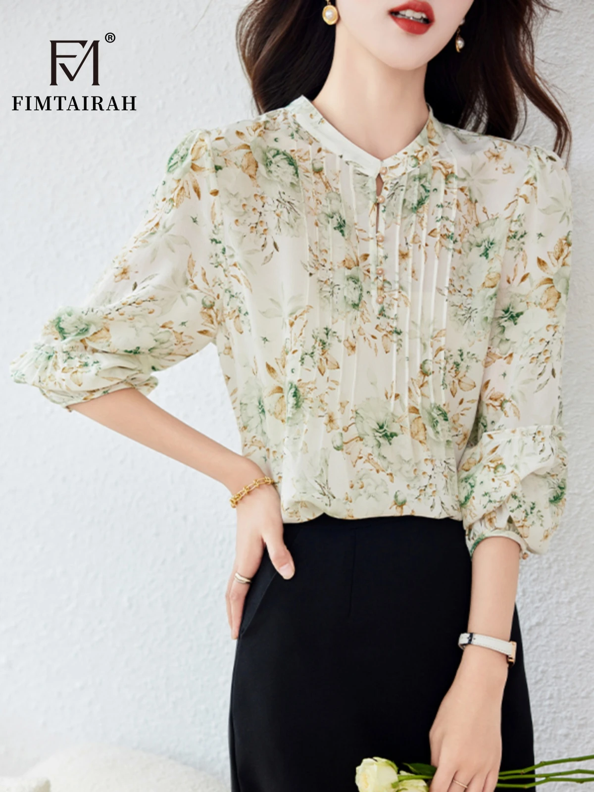 Fimtairah 100% Silk shirt women Hangzhou Soft Fashion 2024 Autumn new fashion Floral 100%  silk blouse