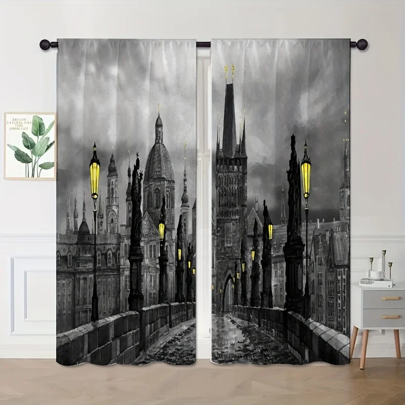

2panels Retro Castle Stone Bridge City Landscape Printed Curtain Rod Pocket Window Treatment For Bedroom Office Kitchen Blinds