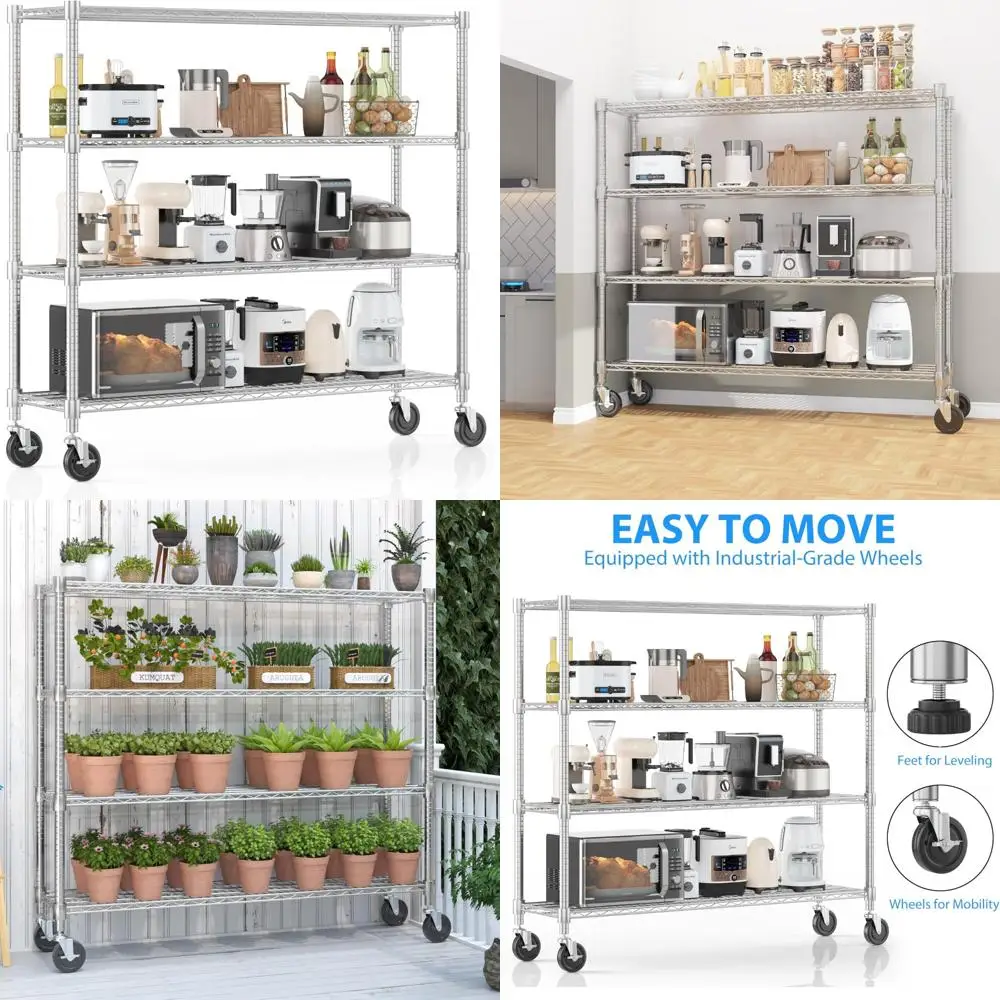 Heavy Duty 4-Tier Metal Wire Shelving with Wheels - 2400 lbs Capacity Rolling Storage Rack for Garage and Industrial Use