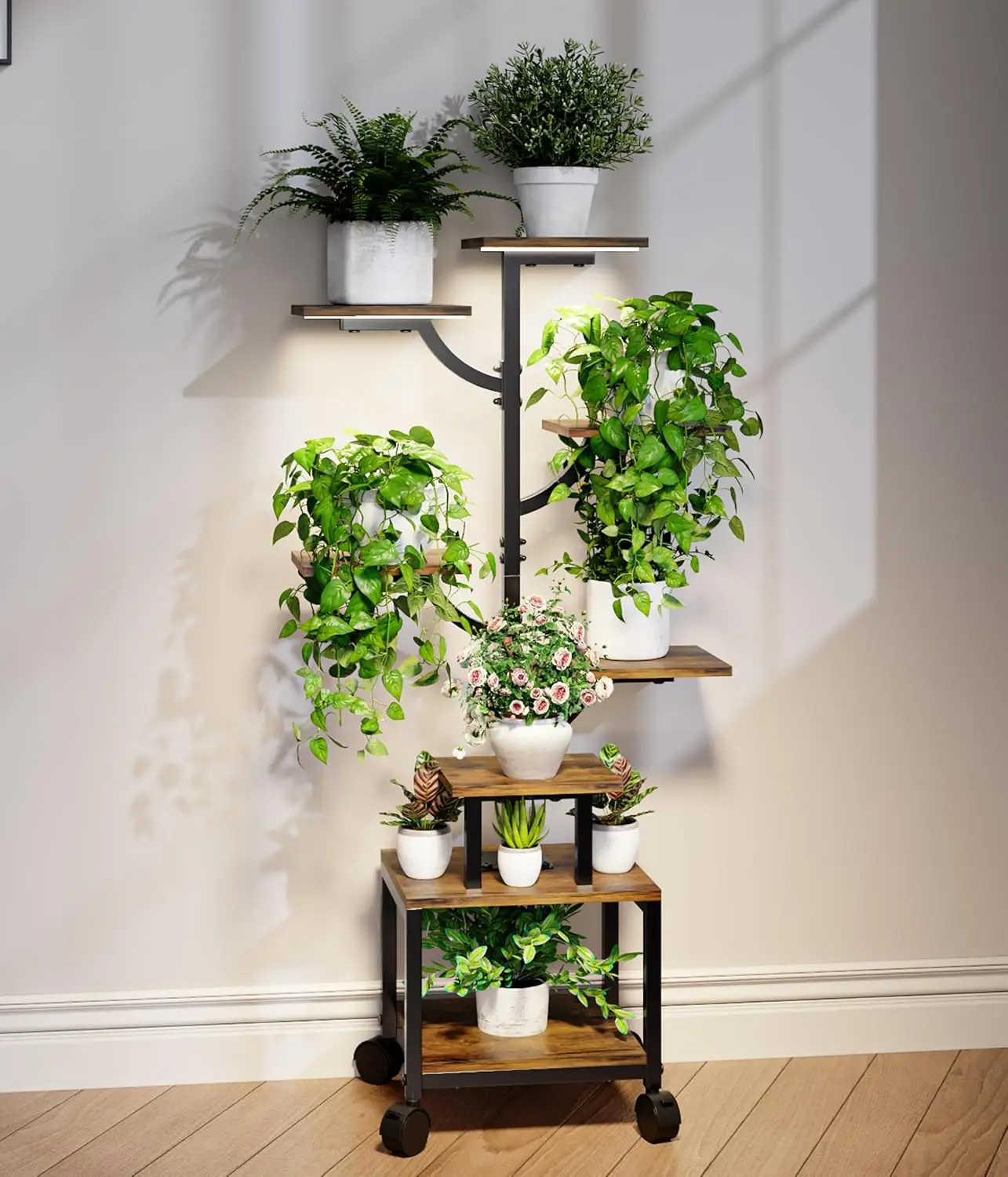 

7-Tier Indoor Plant Stand with Grow Lights and Wheels, Adjustable Metal and Wood Shelf for Home Garden or Patio, 41" Tall