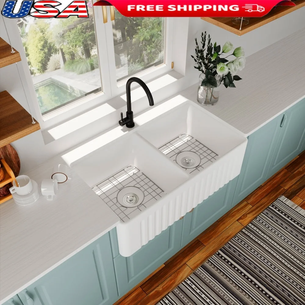 

Керамическая кухонная мойка с двойной раковиной и сетчатым фильтром, устойчивая к пятнам, легко чистится, прочная, 33-дюймовая, современный дизайн, звукопоглощение