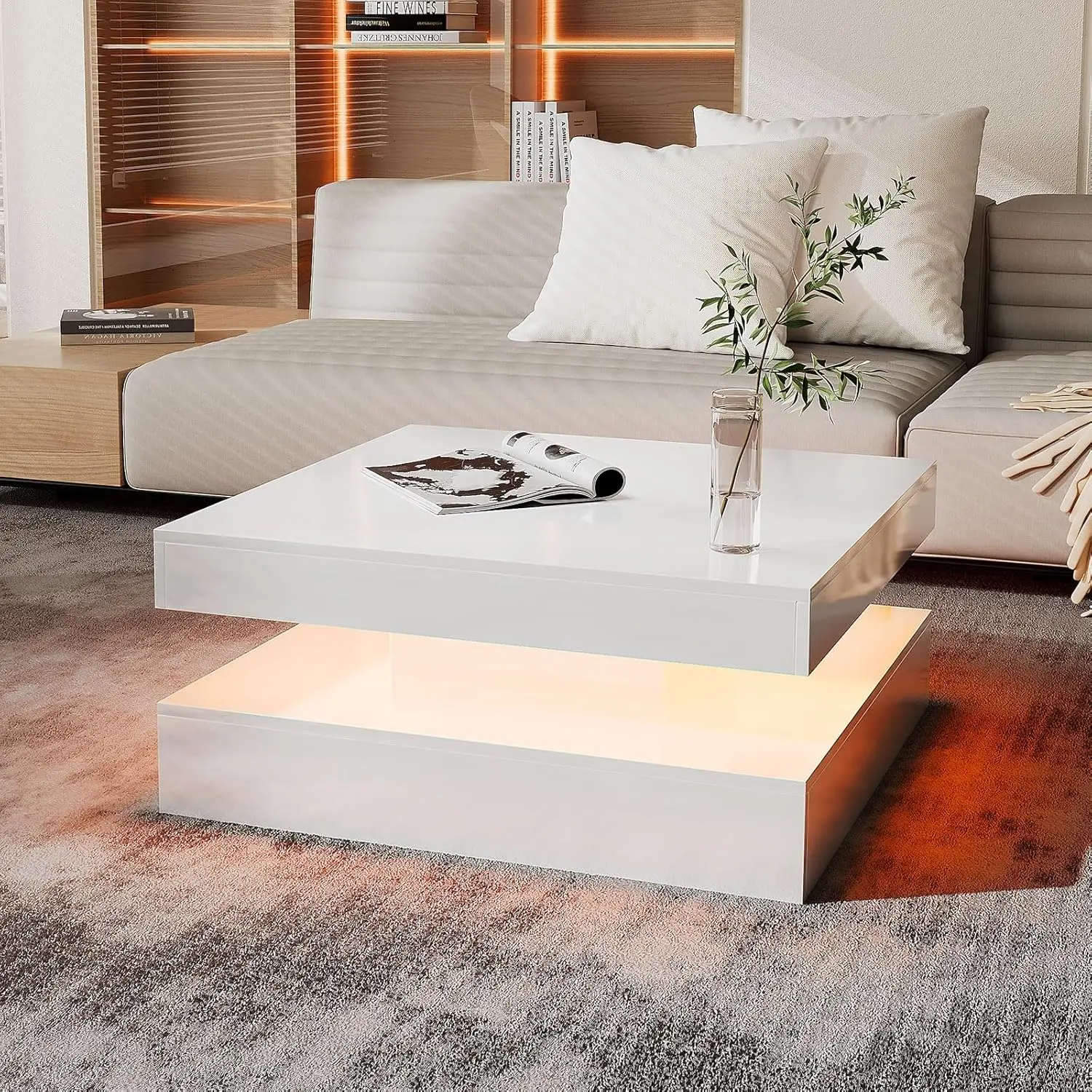 

White LED Coffee Table, 2-Tier Square Center Table, Modern High Gloss Wood Coffee Tables w/Storage, Dining Reception