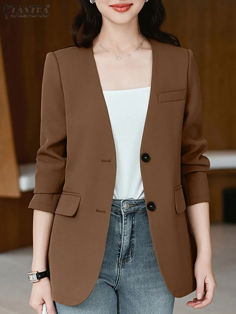 ZANZEA-Blazer de trabajo para mujer, chaqueta fina de manga larga con cuello en V, color liso, estilo informal, a la moda, para otoño, 2024