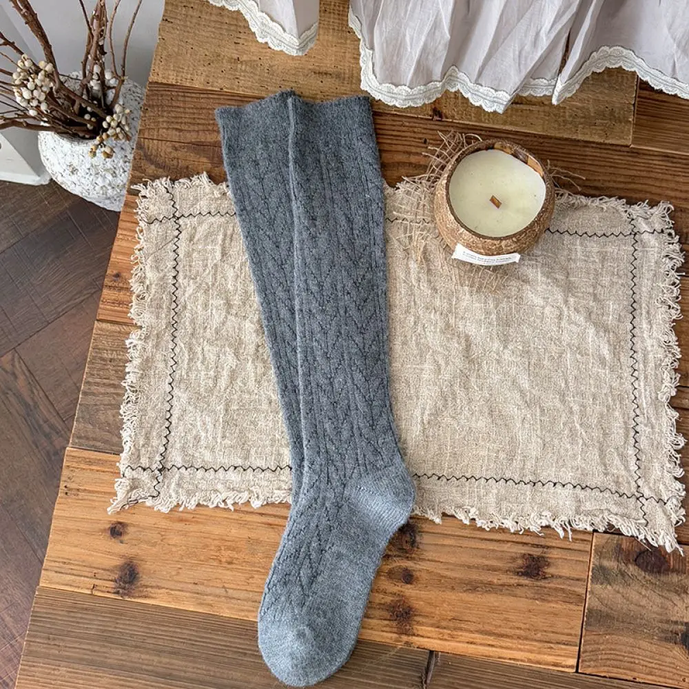 Winter Thick Warm Wool Socks Women Vintage Hollow Knit Mid Tube Hosiery Solid Color Casual Boot Stockings Soft Fashion Wear