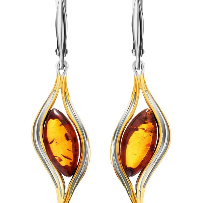 Retro literary earrings, independent station new simple amber flower champagne painting oil earrings