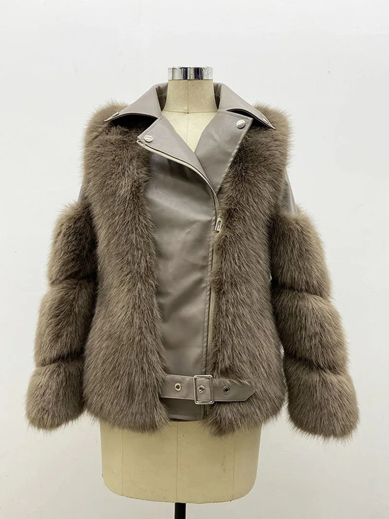 ZADORIN Top Mode Luxus FAUX Fuchs Pelzmantel Motorrad PU Leder Drehen Unten Kragen Warme Faux Pelz Jacke Frauen Herbst Winter Neue
