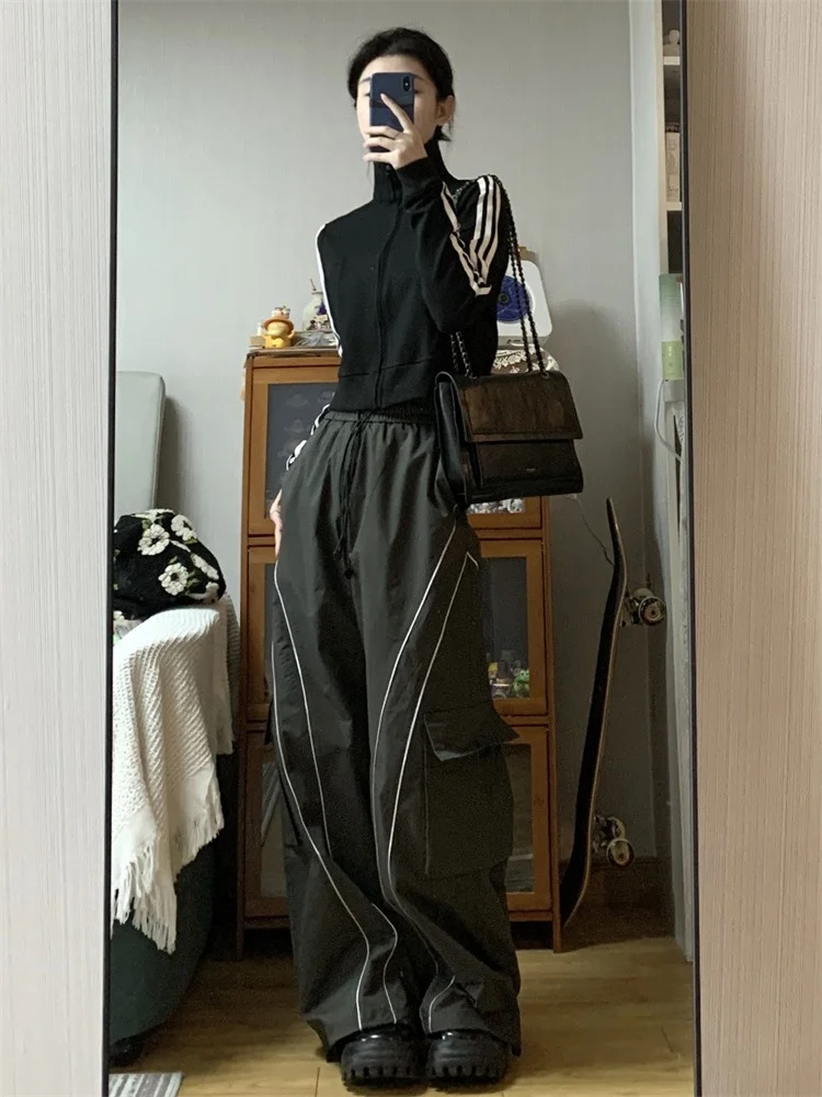 QWEEK Y2K Streetwear Black Cargo Pants Women Hip Hop Striped Oversized Track Pants American Retro Basic Wide Leg Sweatpants