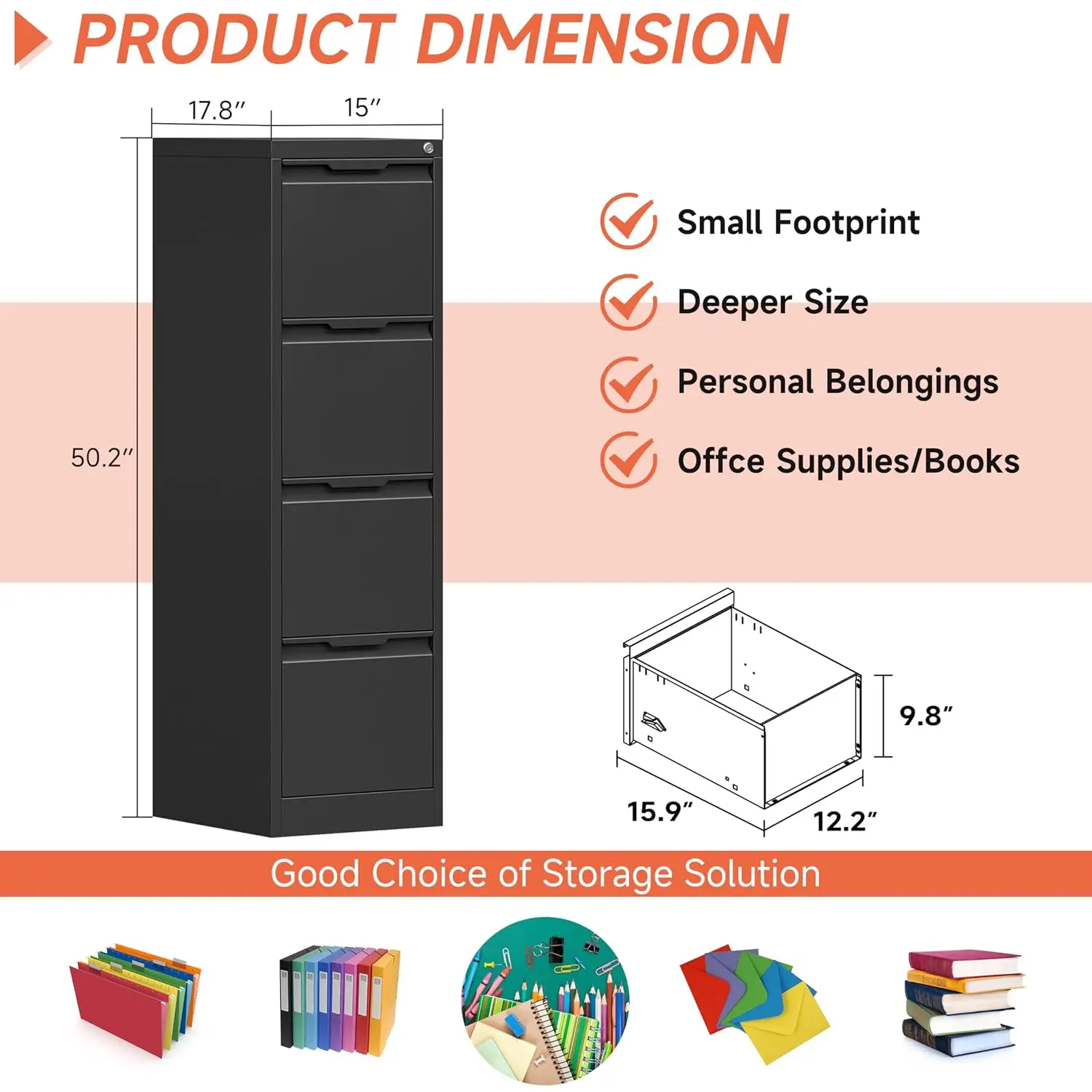 4-Drawer Locking Metal File Cabinet 17.8