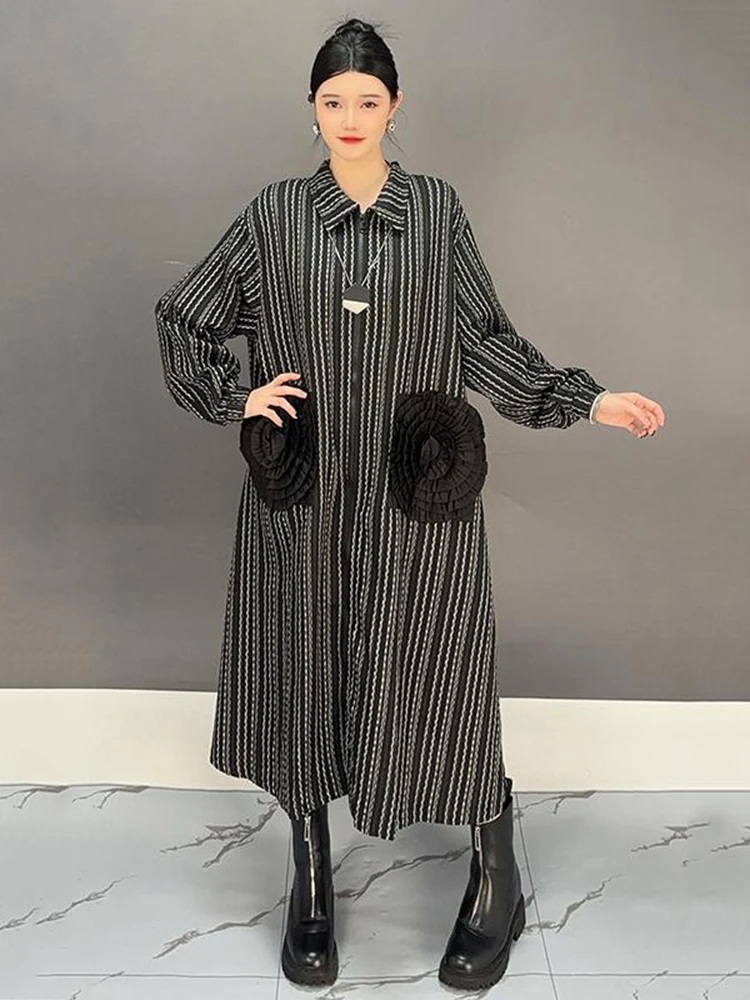 SHENGPALAE 3D Flowers Women Long Dresses Lapel Full Sleeve Striped Vintage Chic Style Temperament New 2024 Clothing 5C1488