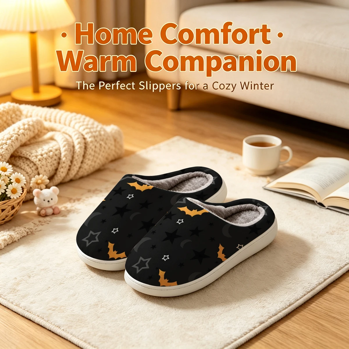 Halloween Bat Star Moon Christmas White Slippers Warm Plush Indoor Shoes Non-Slip Winter Slippers Family Holiday Gifts Soft view 3