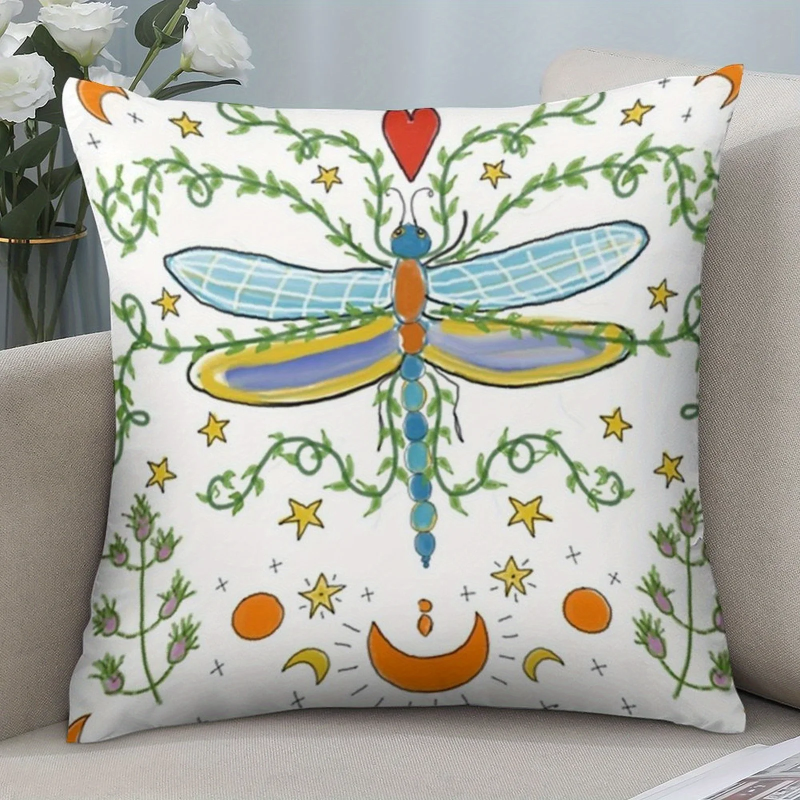 Dragonfly Magic Pillowcase Blue Yellow Green Floral Pattern Soft Short Plush Double-Sided Hidden Zipper Machine Washable