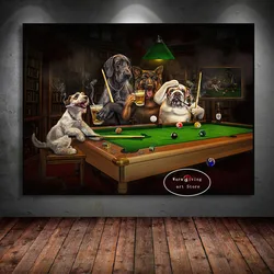 Funny Style Bulldog Dogs Playing Billiard Play Card Smoking Cigar Art Poster Canvas Painting Wall Prints Picture Room Home Decor