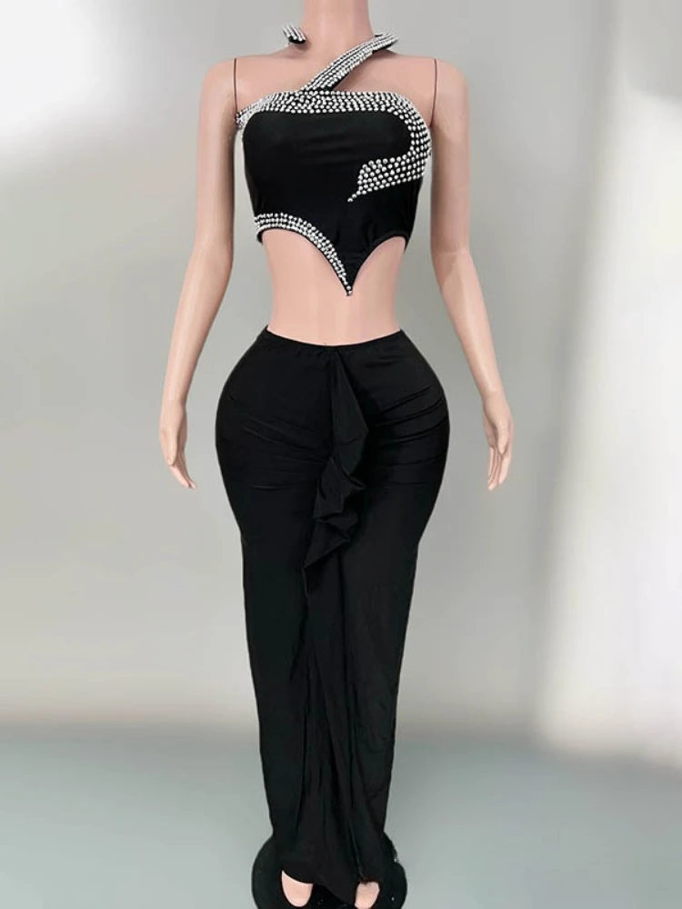 Ekskluzywny czarny strój sceniczny dwuczęściowy z diamentami w kształcie węża dla piosenkarki, elegancka sukienka na roczne spotkanie.