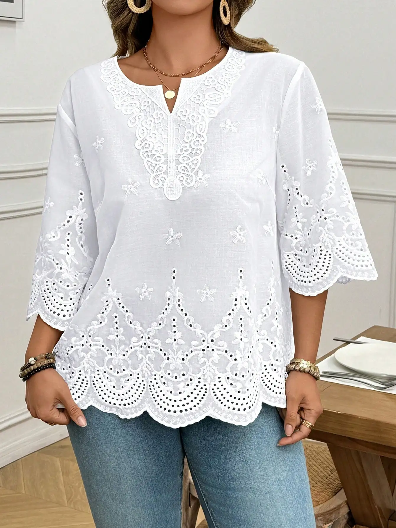 

White Hollow Embroidered Blouse With Lace Trim Casual Summer Top For Women