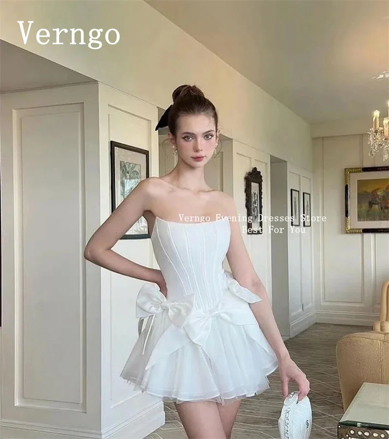 Verngo White Ball Short Prom Gown Strapless A Line Mini Evening Dress For Women Simple Bow Formal Occasion Dress