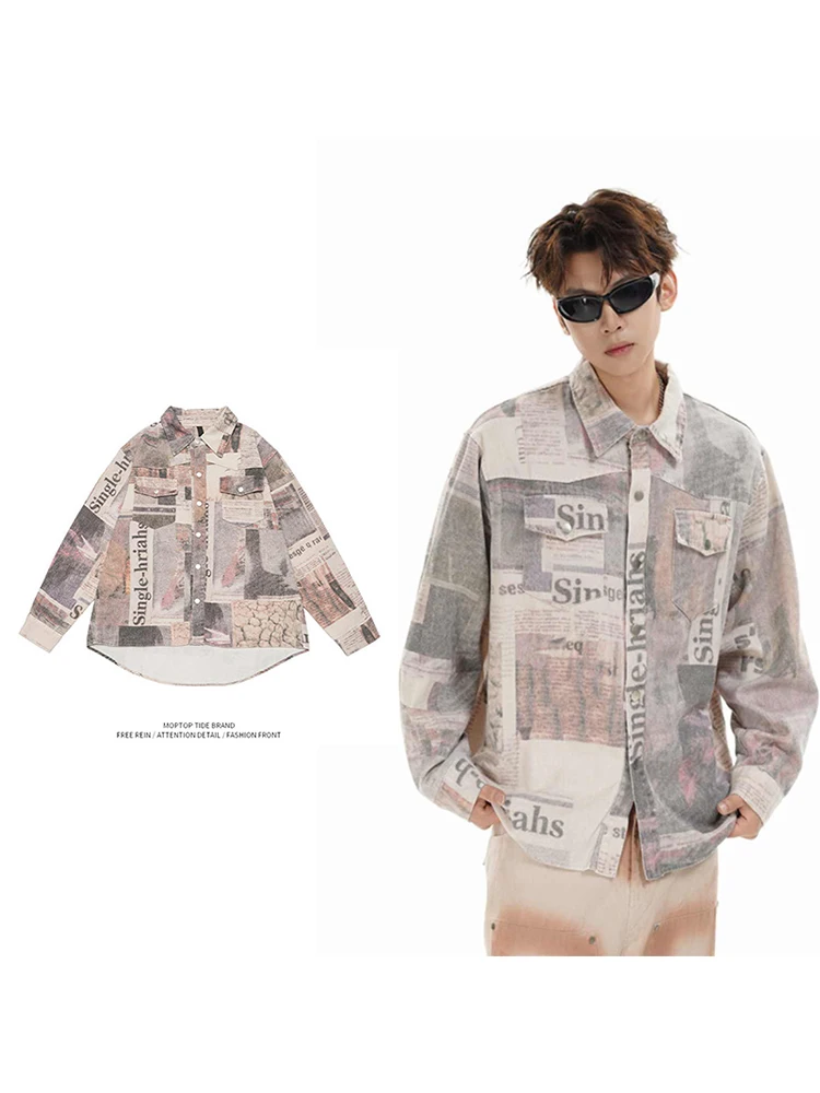 

Mr. WH American Sle Vintage Newspaper Print Denim irt Jaet Loose Workwear Jaet for Men Trendy Design Polyester Fiber