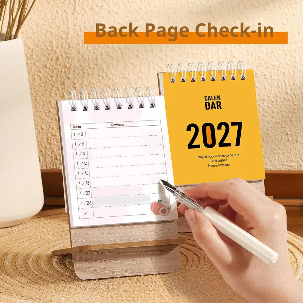 2027 Mini Wooden Desk Calendar Solid Color Twin Wire Binding Monthly Planner Portable Desktop Table Calendar For Home Office
