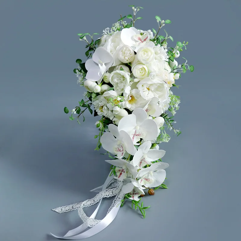Wedding wedding bride bouquet simulation Phalaenopsis water drop waterfall photo hand flower wedding floral arrangement