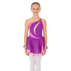 Girl's Ice Skating Costume Kids Figure Skating Dress Sleeveless Rhinestone Patchwork Ballet Gymnastics Dance Leotard Dress