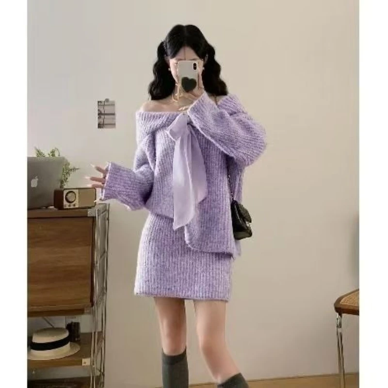 Korean Version Lazy Style Two Piece Set Autumn and Winter New Bow Long Sleeve Loose Knitted Pullover High Waist Half Skirt