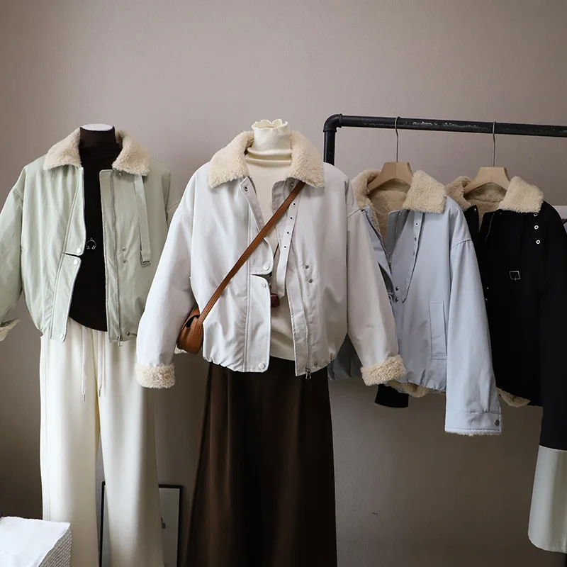 

Модное зимнее пальто из овечьей шерсти с воротником с лацканами, женское пальто 2025, новый дизайн, свободная утепленная теплая куртка, корейское повседневное хлопковое пальто