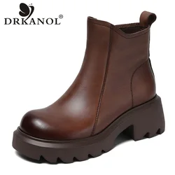 DRKANOL Luxury Design Real Cow Leather Platform Ankle boots For Women Autumn Winter Warm Thick Heel Chelsea Boots Handmade Retro