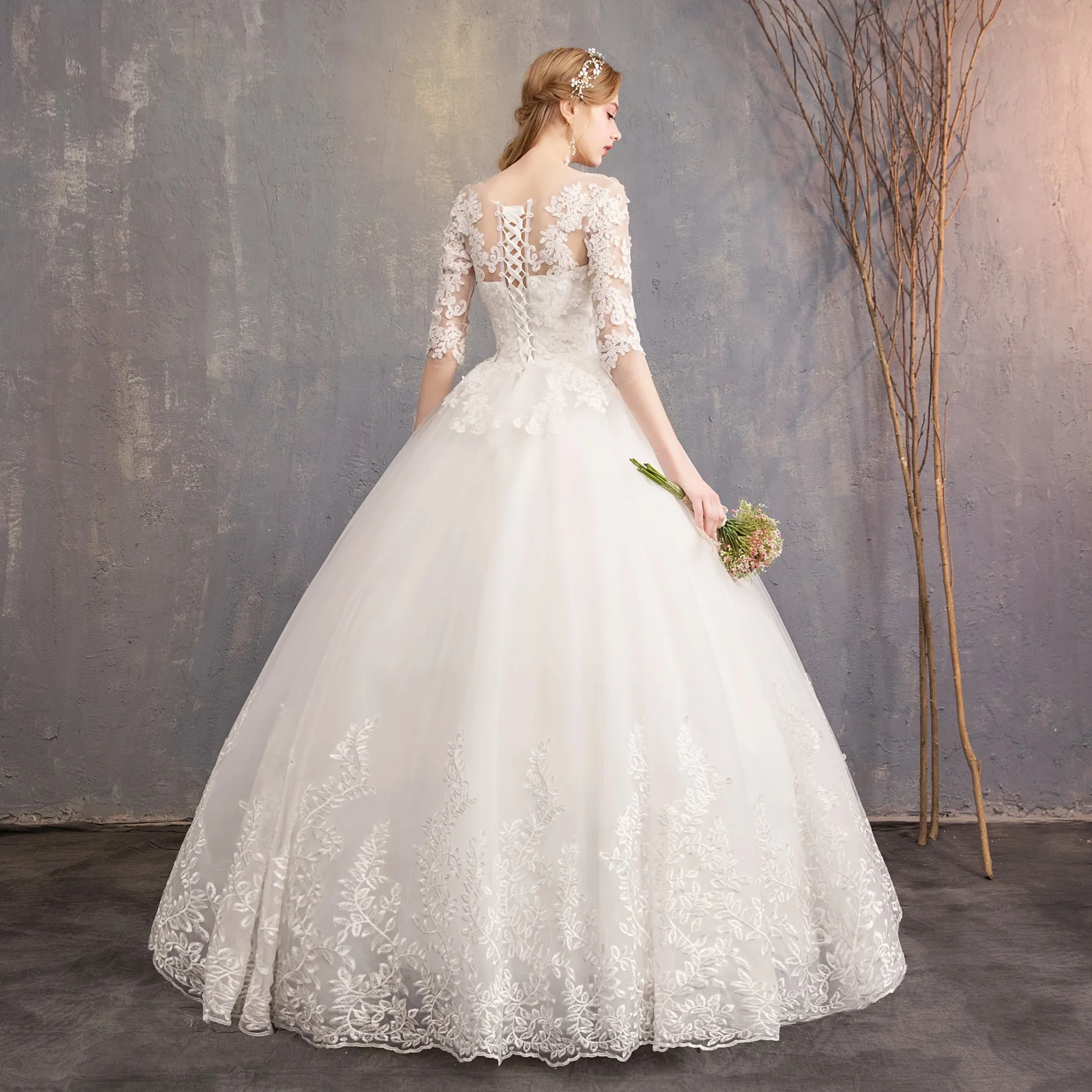 Affascinanti Appliques pizzo bianco puro abiti da sposa elegante scollo a barca abito da sposa Classic Robe De Mariée maniche a tre quarti