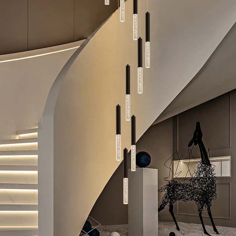 LED Modern Long Chandelier Hanging Staircase Pendent Lamp Villa Living Room Pendant Double-Layer Attic Light Indoor Lighting