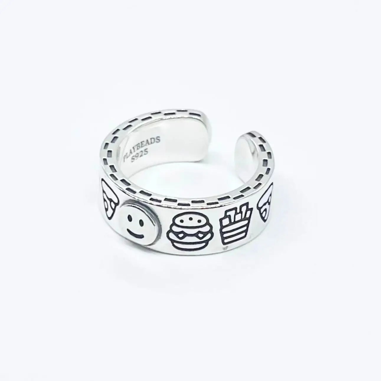 

925 Sterling Silver Smile Face Hamburger Pizza French Fries Patterns Adjustable Ring For Women Men Finger Rings Collection Gifts