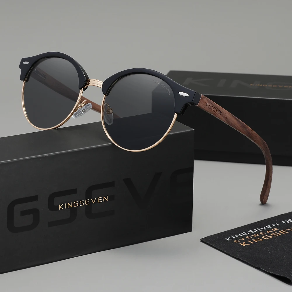 KINGSEVEN Brand Vintage Natural Walnut Wooden Sunglasses Women Men Polarized UV400 Sun Glasses Oculos De Sol
