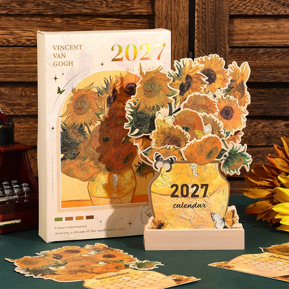 2027 Wooden Desk Calendar Set 12 Sheets Painting Monthly Inserts Daily Schedule Stylish Desktop Decor for Office Home School